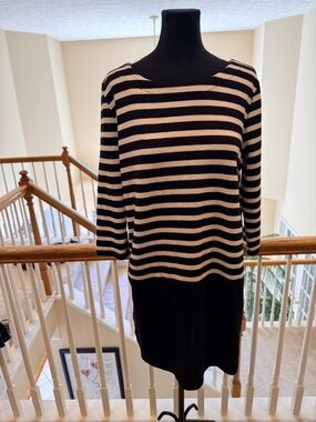 LOFT Black and Cream Striped Long Sleeve Shift Dress